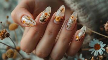 fermer printemps manucure avec fleurs. magnifique femme ongles concept photo