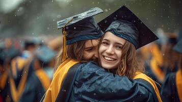 deux Jeune élèves étreindre sur l'obtention du diplôme cérémonie. joyeux copains célébrer le fin de école photo