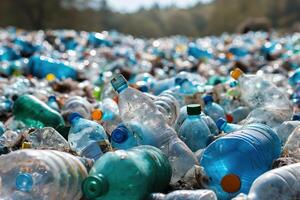 nombreux Plastique bouteilles détritus le sol dans une décharge, contribuant à pollution. photo