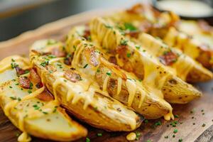 une en bois Coupe planche surmonté avec patates couvert dans fondu fromage. photo