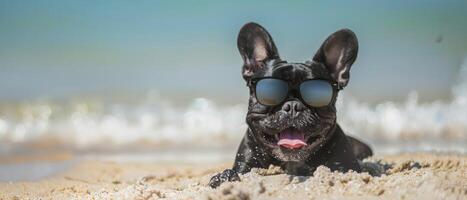 français bouledogue profiter sur le le sable dans le océan tandis que portant des lunettes de soleil photo