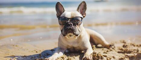 français bouledogue profiter sur le le sable dans le océan tandis que portant des lunettes de soleil photo