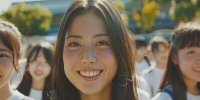 une magnifique Japonais femme avec longue cheveux et gros yeux sourires, photo