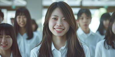 une magnifique Japonais femme avec longue cheveux et gros yeux sourires, photo