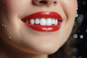 une Blanc comme neige sourire de une fille avec brillant rouge rouge à lèvres sur sa lèvres. sel masque pour aux femmes affronter. photo