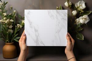 une femme détient une feuille de tuile avec une marbre modèle dans sa mains sur une gris Contexte avec fleurs. photo