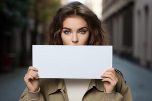 le fille est en portant une blanc horizontal affiche avec une maquette dans sa mains. une la personne avec une blanc bannière sur le rue. photo