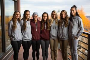 une groupe de les filles habillé dans des sports vêtements sont permanent sur le terrasse de le maison. les athlètes du repos dans une Hôtel après le concours. photo