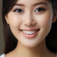 une fermer de le tête de une souriant asiatique fille avec magnifique blanc et tout droit dents, parfait pour La publicité pour dentistes. photo