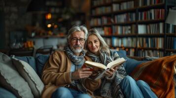 portrait de une content mature couple en train de lire une livre ensemble à Accueil photo