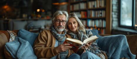 portrait de une content mature couple en train de lire une livre ensemble à Accueil photo