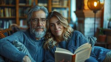 portrait de une content mature couple en train de lire une livre ensemble à Accueil photo