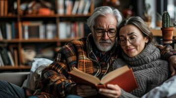 portrait de une content mature couple en train de lire une livre ensemble à Accueil photo