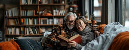 portrait de une content mature couple en train de lire une livre ensemble à Accueil photo