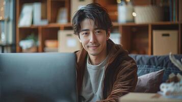 Jeune asiatique homme en utilisant portable à petit entrepôt. Commencez et en ligne achats concept. photo