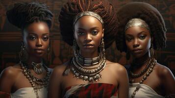 Trois africain femmes dans traditionnel vêtements avec bijoux photo