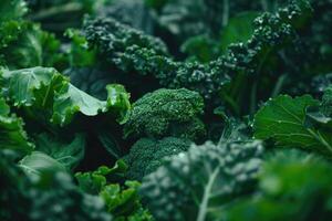 en bonne santé en mangeant concept avec vert des légumes et foncé feuillu aliments. photo
