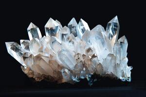 rare blanc quartz cristal grappe isolé sur noir Contexte. photo