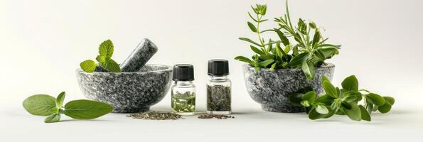 médicinal herbes et laboratoire verrerie sur blanc toile de fond. plante Ingrédients avec laboratoire équipement. concept de homéopathique médecine, recherche dans Naturel santé, botanique extraits, alternative médicament. photo