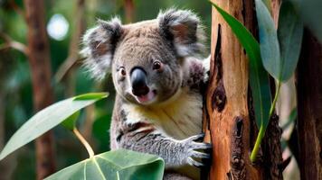 attachant koala repos au milieu de eucalyptus feuillage. vibrant fermer de une duveteux australien marsupial. concept de faune conservation, Naturel habitats, et adorable animal photo