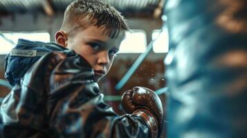 Jeune garçon formation boxe, concentré enfant dans Gym avec boxe gants. enfant boxeur pratiquant coups de poing. concept de enfance discipline, athlétique entraînement, jeunesse des sports, et actif mode de vie. photo