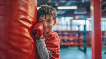 Jeune garçon formation boxe. asiatique enfant dans Gym avec boxe gants. enfant boxeur pratiquant coups de poing. concept de enfance discipline, athlétique entraînement, jeunesse des sports, et actif mode de vie. photo