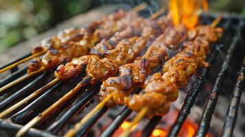 proche en haut de satay sur barbecue photo