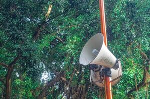 une haut-parleur attaché à un le fer pôle avec une toile de fond de ombragé des arbres photo
