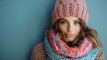 une femme habillé dans une tricoté chapeau et écharpe photo