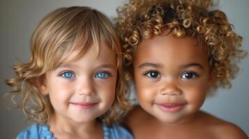 deux Jeune les filles avec frisé cheveux et bleu yeux supporter ensemble photo