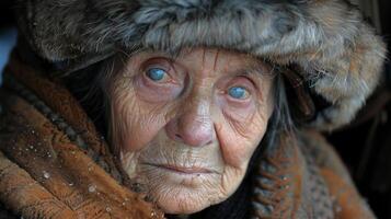 un personnes âgées femme avec bleu yeux portant une fourrure chapeau photo
