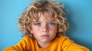 une Jeune garçon avec frisé cheveux et bleu yeux à la recherche à le caméra photo