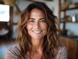 une femme avec longue cheveux souriant directement à le téléspectateur photo