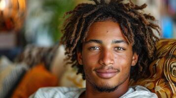 une homme avec dreadlocks est assis dans une chaise photo