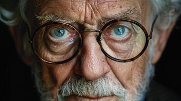 une mature homme avec des lunettes et une barbe à la recherche directement à le caméra photo