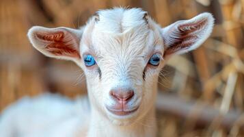 une fermer vue de une chèvre montrant ses frappant bleu yeux photo