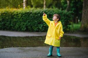 peu garçon en jouant dans pluvieux été parc. enfant avec parapluie, imperméable manteau et bottes sauter dans flaque et boue dans le pluie. enfant en marchant dans été pluie Extérieur amusement par tout temps. content enfance photo