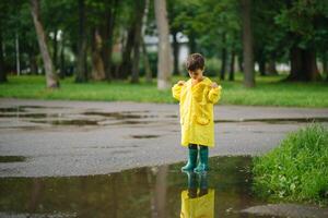 peu garçon en jouant dans pluvieux été parc. enfant avec parapluie, imperméable manteau et bottes sauter dans flaque et boue dans le pluie. enfant en marchant dans été pluie Extérieur amusement par tout temps. content enfance. photo