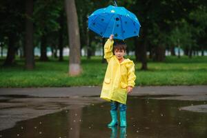 peu garçon en jouant dans pluvieux été parc. enfant avec parapluie, imperméable manteau et bottes sauter dans flaque et boue dans le pluie. enfant en marchant dans été pluie Extérieur amusement par tout temps. content enfance. photo