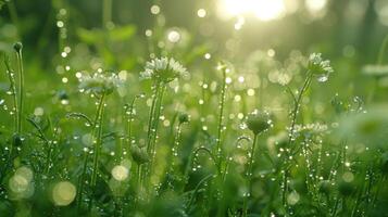 champ de herbe couvert dans l'eau gouttelettes photo