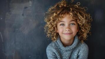 une Jeune fille avec frisé cheveux joyeusement sourit à le caméra photo