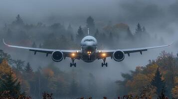 une grand jetliner en volant par une dense brumeux forêt photo