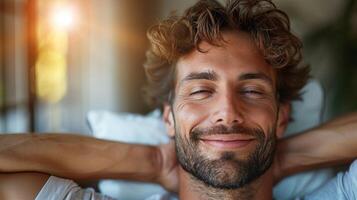 une homme repos sur une lit, yeux fermer dans relaxation photo