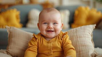 une bébé est assise sur une canapé suivant à oreillers photo