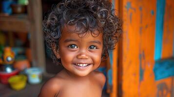 une fermer vue de une enfant avec frisé cheveux photo