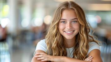 une femme avec écoulement longue cheveux et une brillant sourire sur sa visage photo