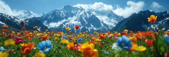 coloré fleurs couvrant le champ avec majestueux montagnes dans le Contexte photo