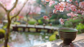 tranquille thé la cérémonie réglage avec Cerise fleurs photo
