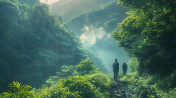 randonneurs trekking dans luxuriant vert forêt photo
