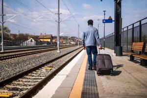 arrière vue de homme avec valise en marchant sur chemin de fer gare. photo